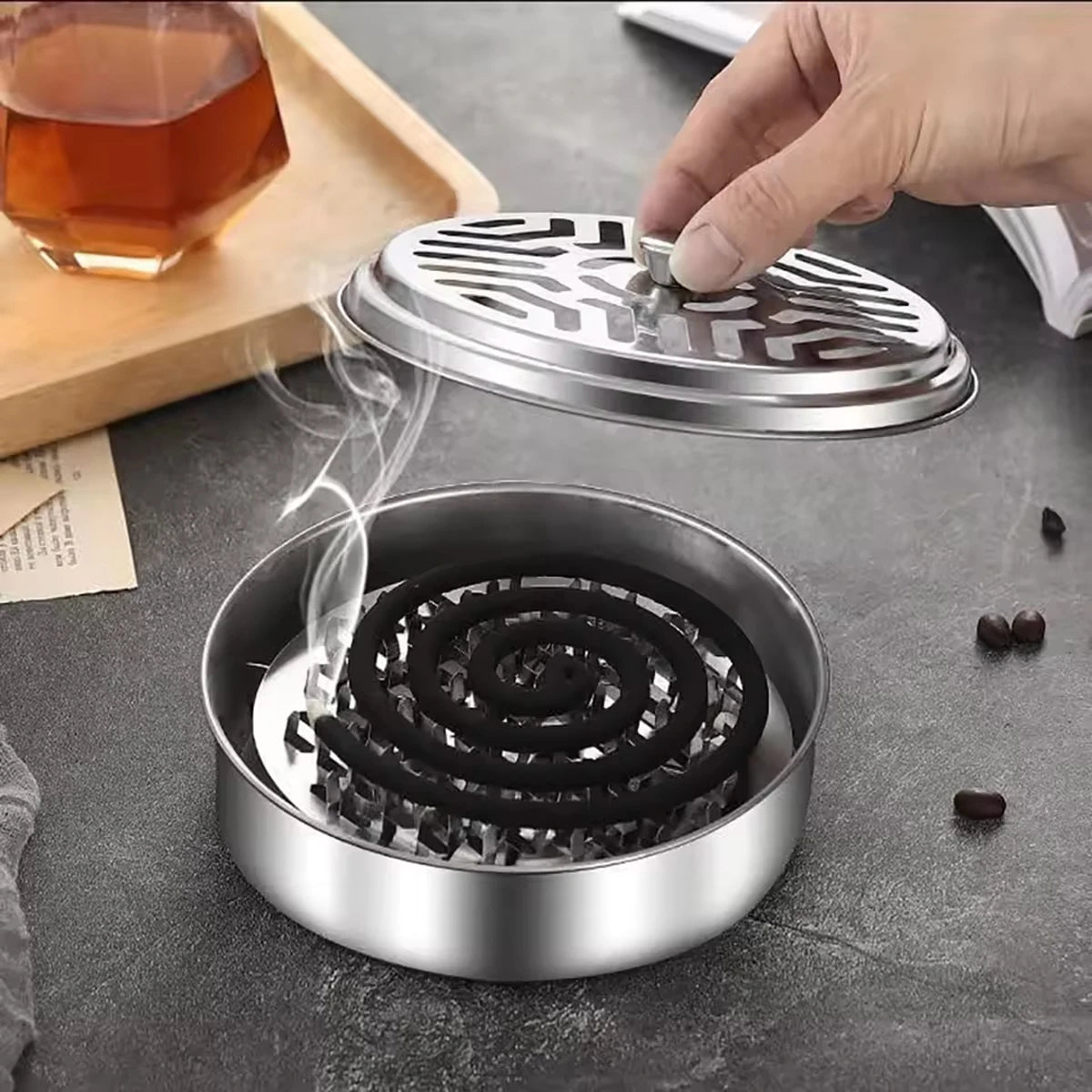 Stainless Steel Mosquito Coil Holder – With Cover & Handle